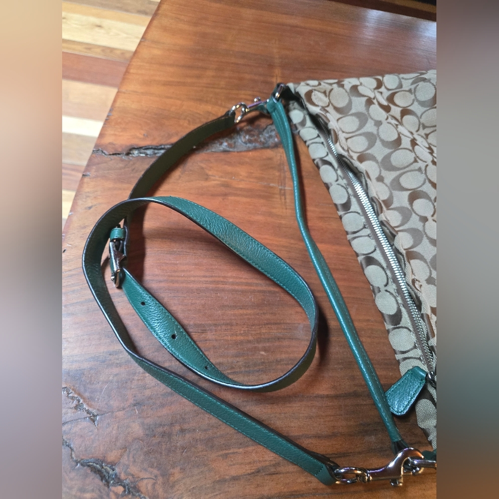 COACH F23279 Park Signature Hobo Khaki Canvas Green Leather Trim Convertible - Picture 8 of 12